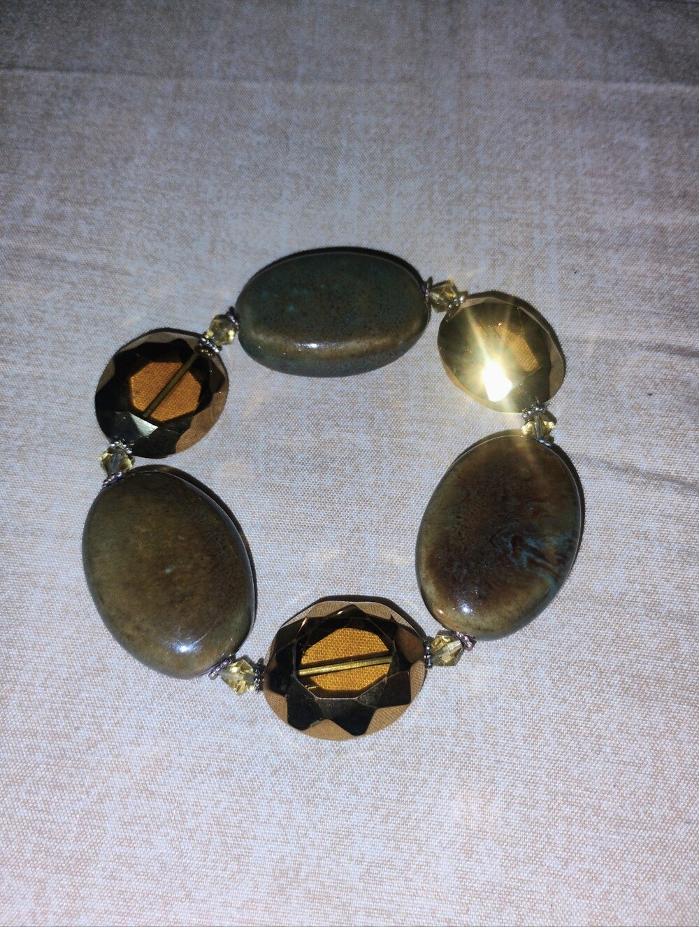 Gold and Olive Green Bead Stretch Bracelet